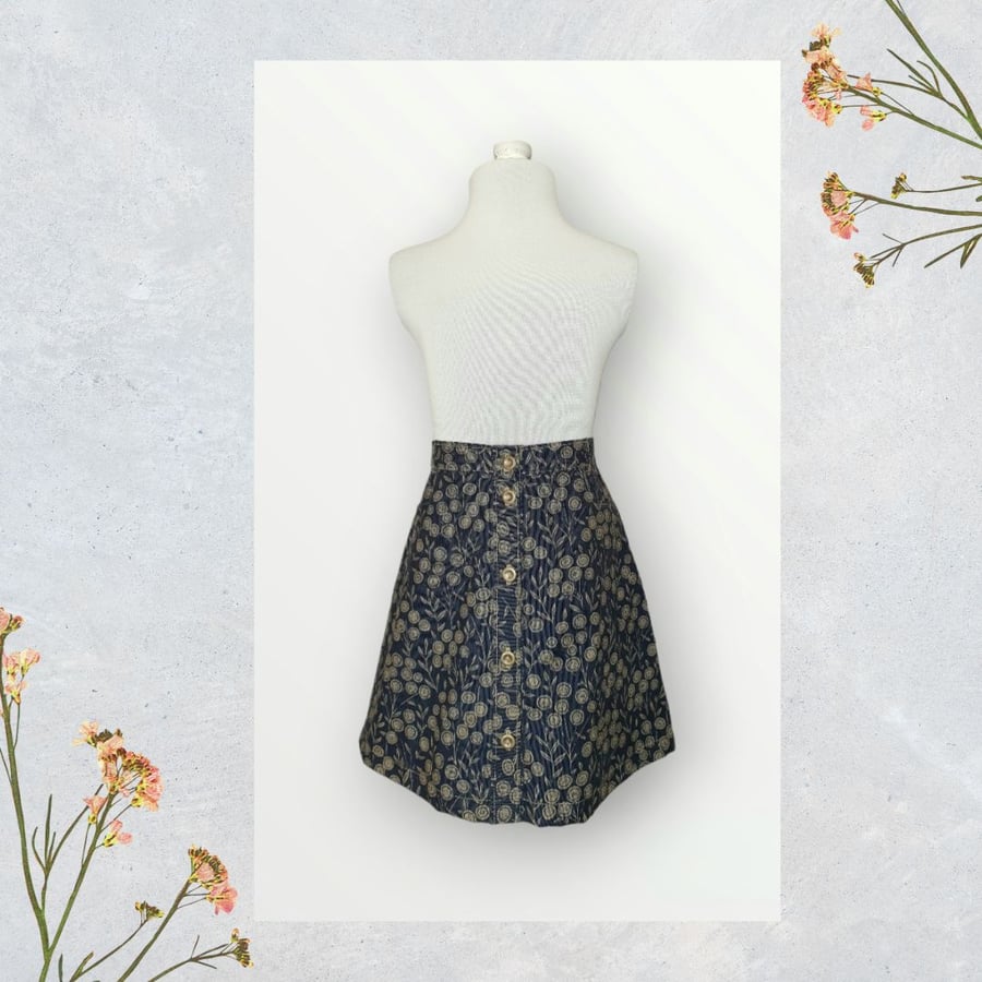 Navy and Gold Printed Cord A Line Skirt with Po Folksy