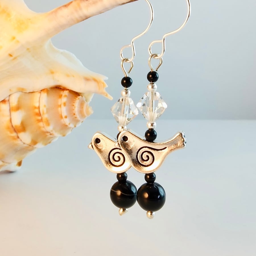 Tibetan Silver Bird Earrings With Onyx And Swar Folksy