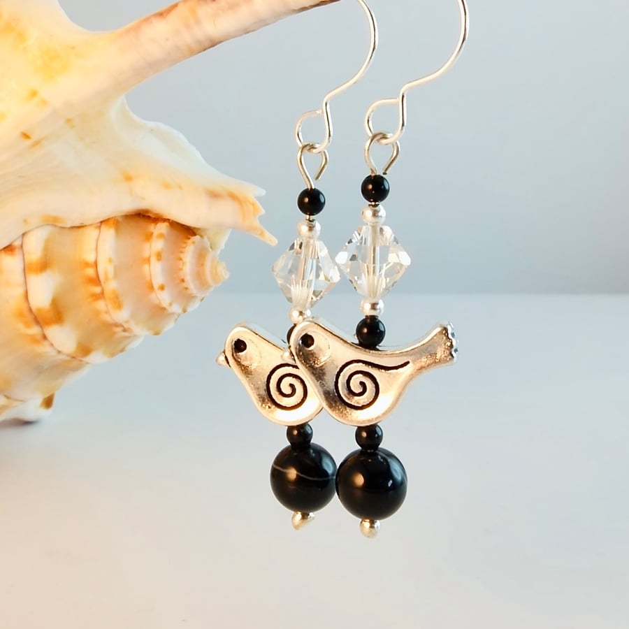 Tibetan Silver Bird Earrings With Onyx And Swarovski Crystal - Handmade In Devon