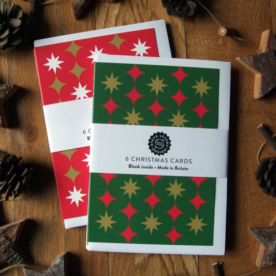Pack of 6 A6 Christmas Cards with modern stars pattern design