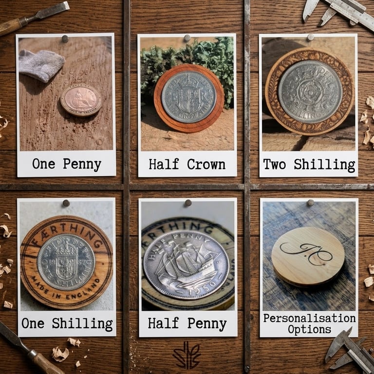 British Coin Golf Ball Markers set in wood with personalisation options