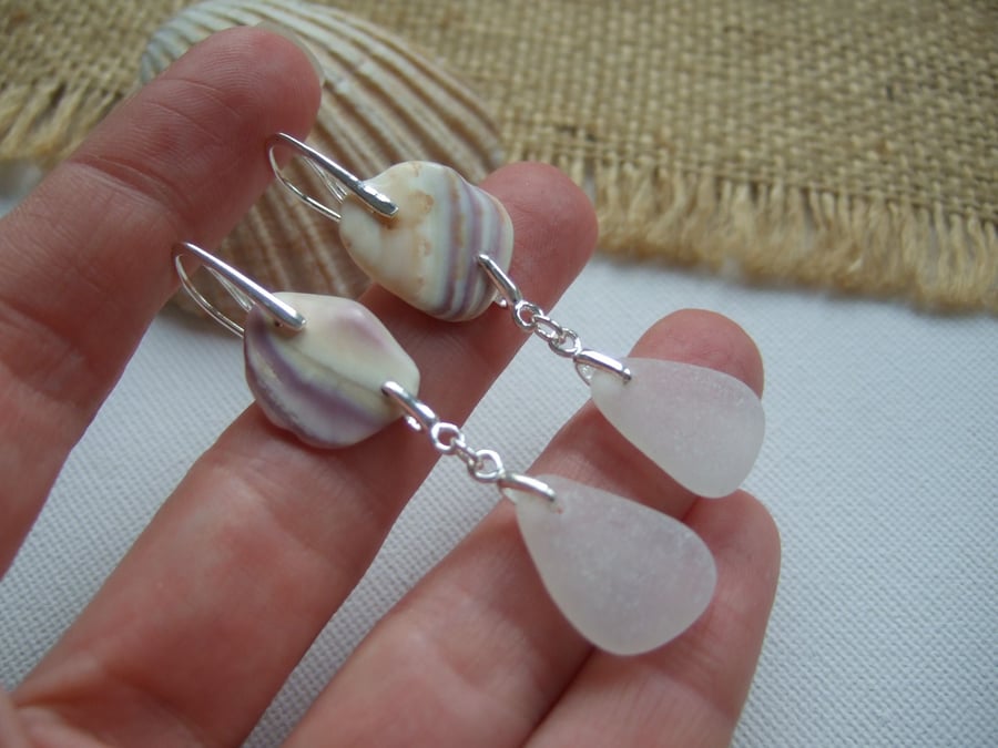 Scottish white sea glass and wampum earrings, beach glass and quahog shell