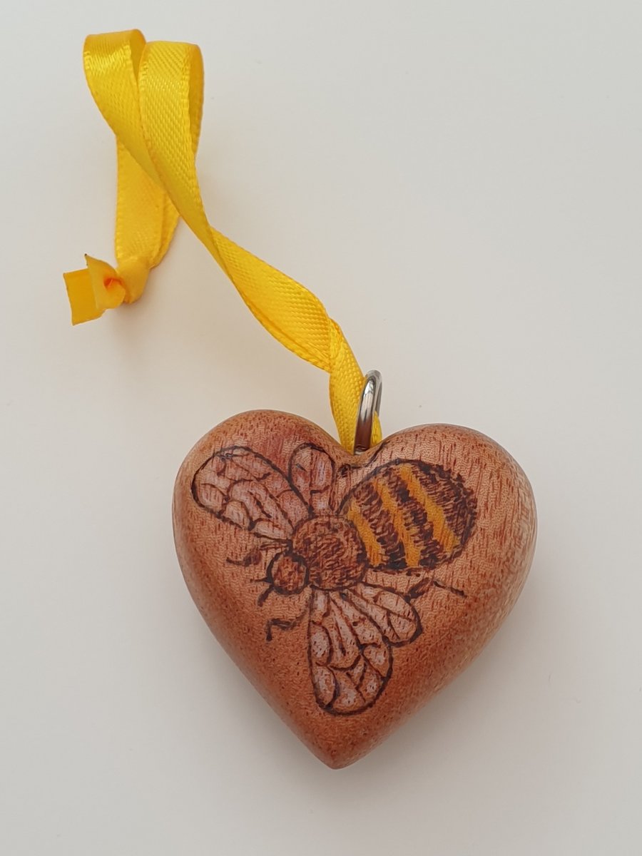 Bee Happy wood burned wooden hanging heart