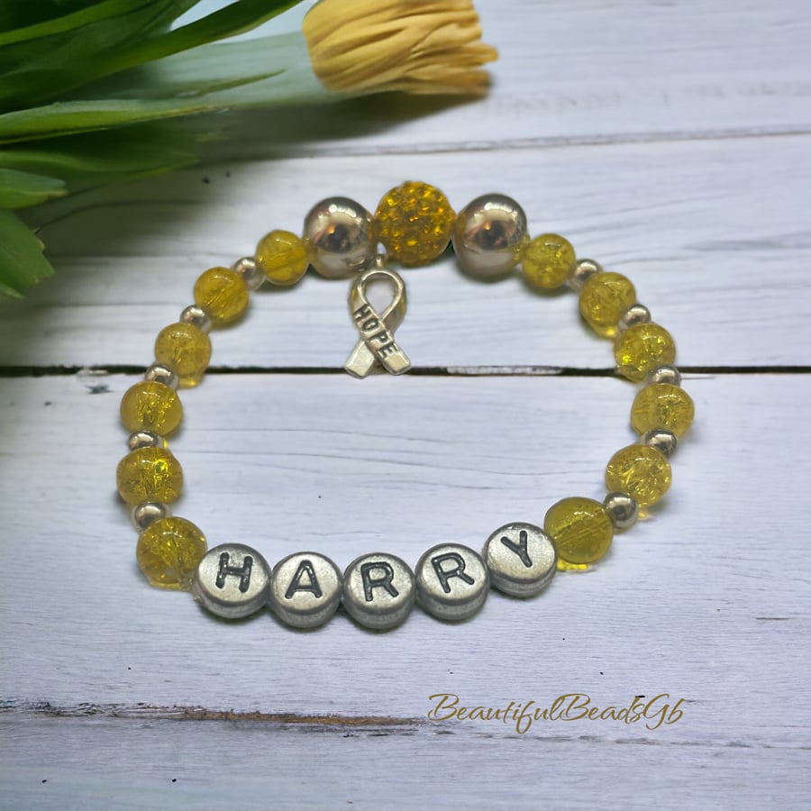 Yellow ribbon shamballa personalised charm bracelet gift 