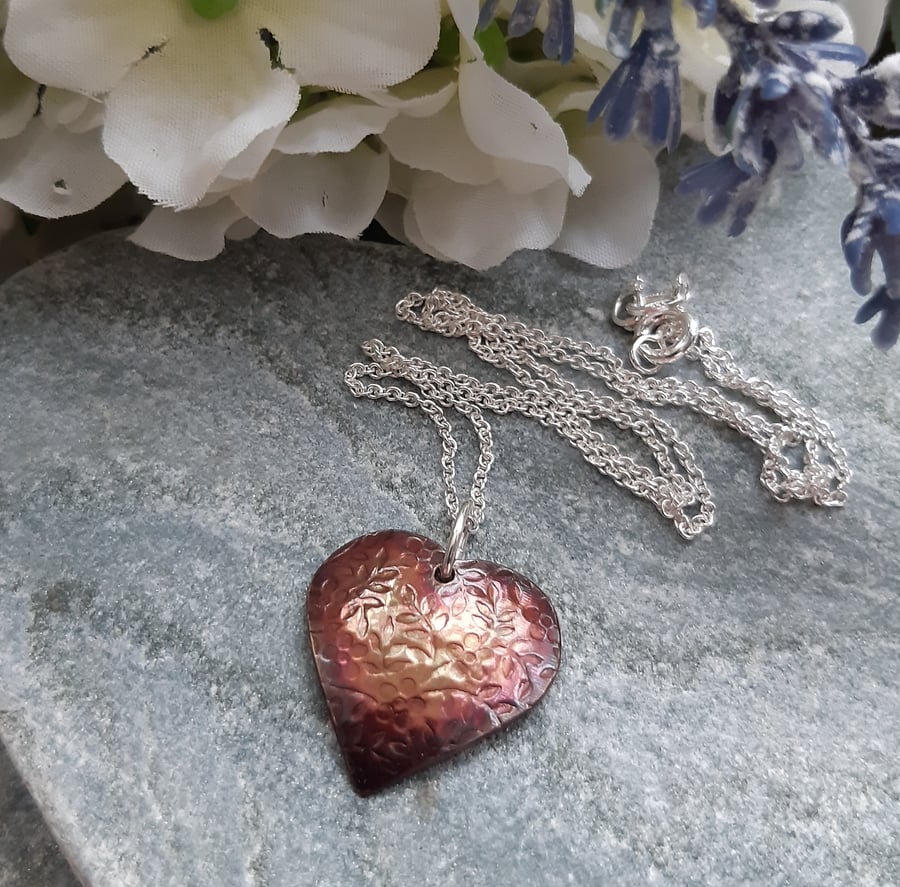  Domed Oxidised Copper Heart Pendant With Sterling Silver Chain