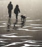 Original lino winter walkies on the wet sandy beach