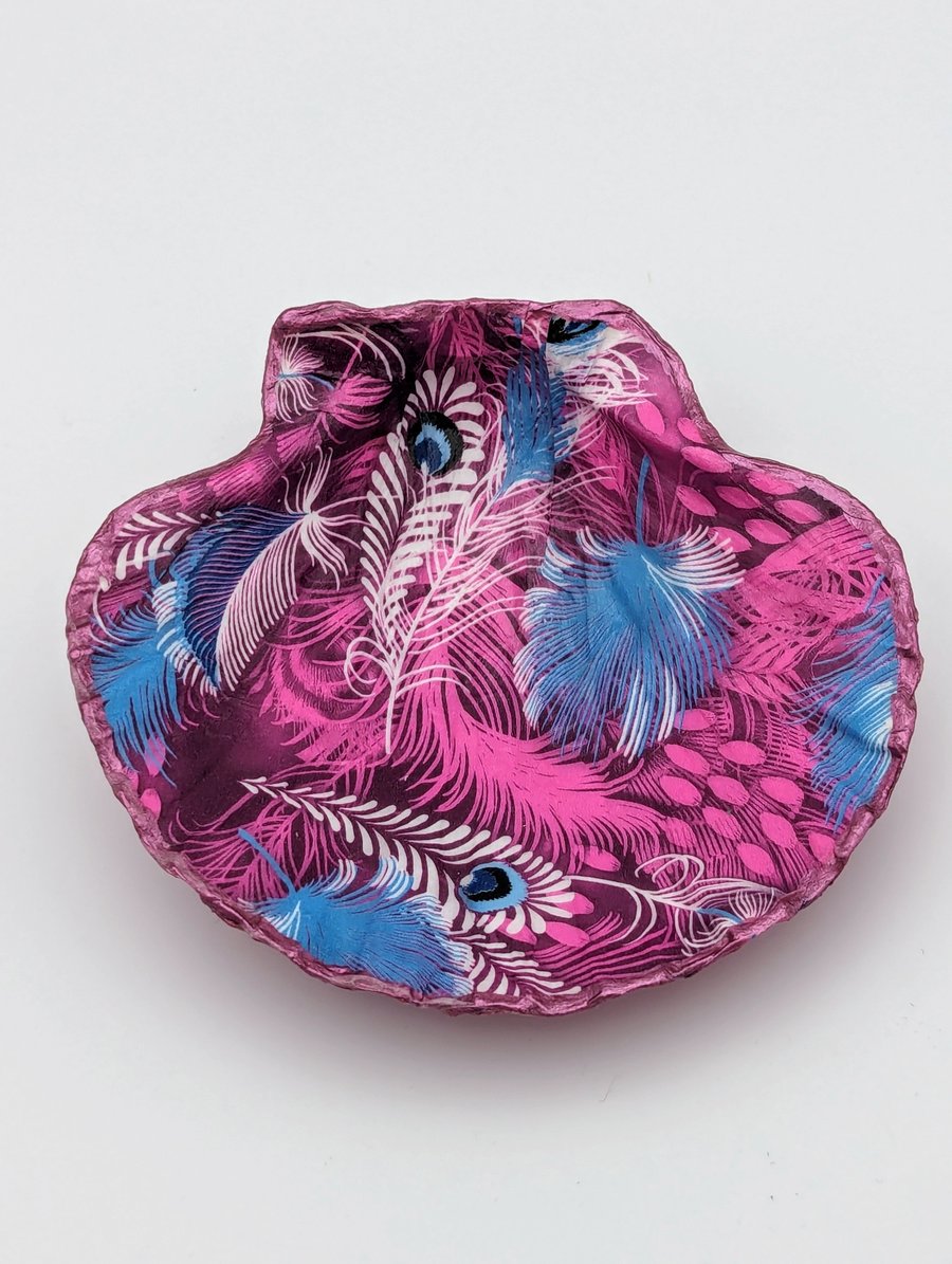 Peacock Feather Design Purple Scallop Shell Jewellery Trinket Dish