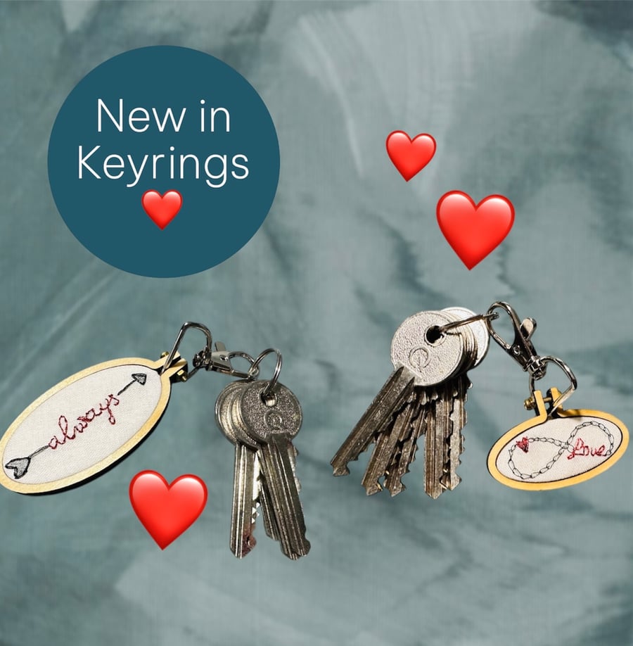 Mini embroidered hoop friendship key ring, key fob, bag charm, love design 