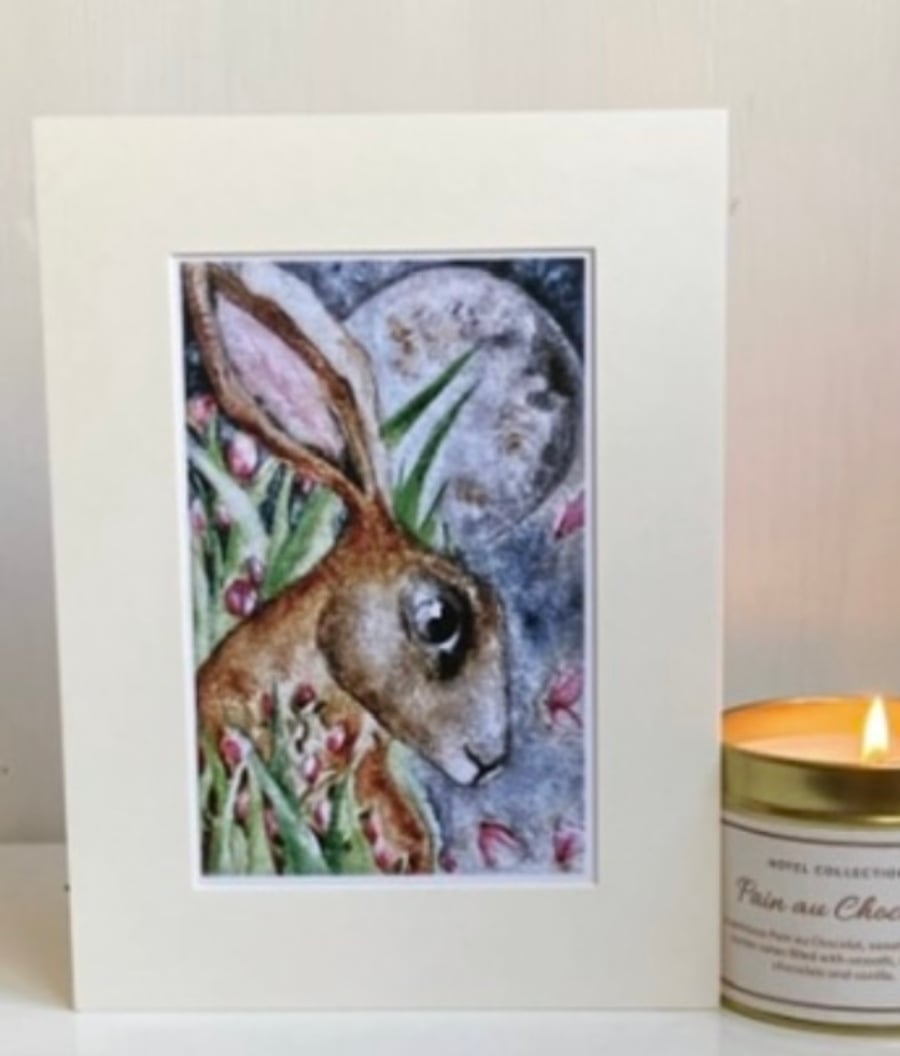 Mounted Enchanted Hare Rabbit with Flowers and Dragonflies Watercolour Print