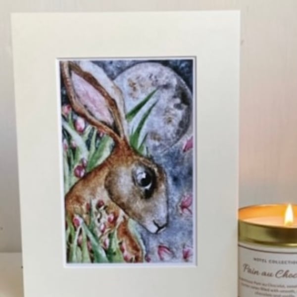 Mounted Enchanted Hare Rabbit with Flowers and Dragonflies Watercolour Print