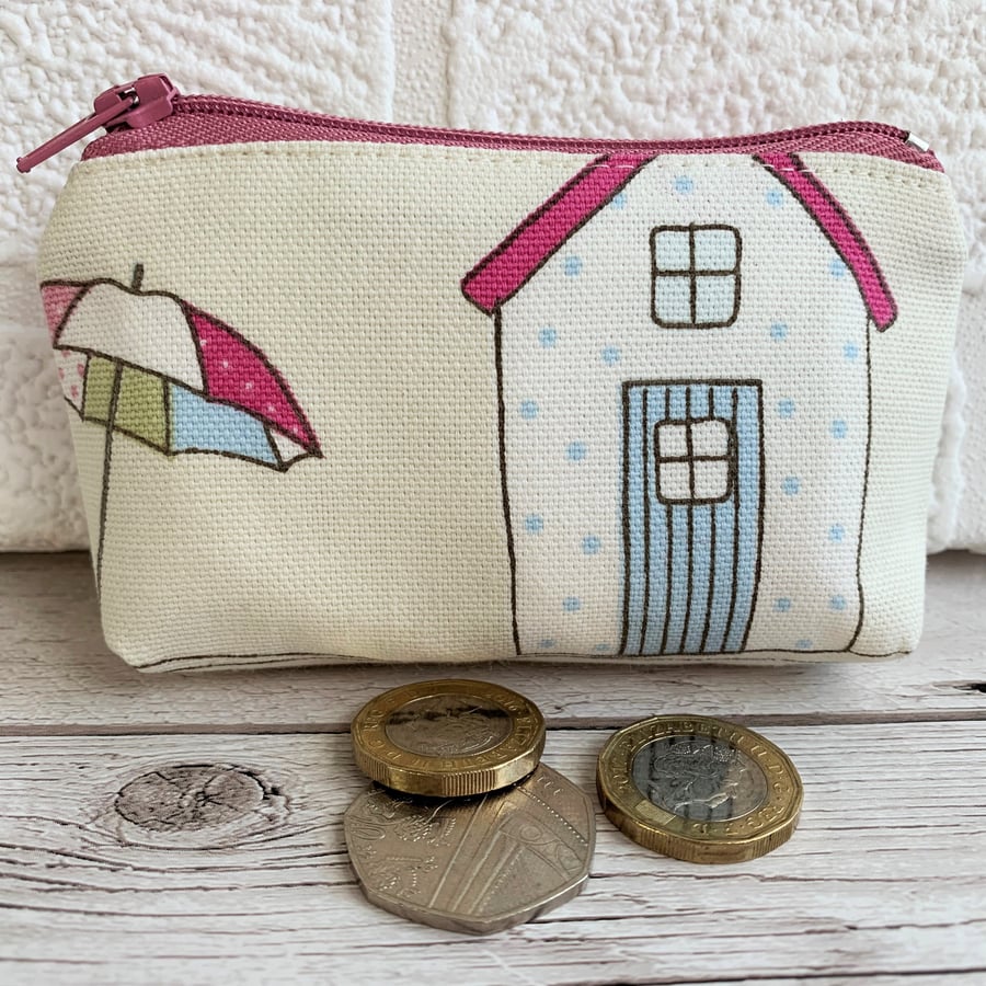 Small purse, coin purse with pastel polka dot beach hut and patterened parasol