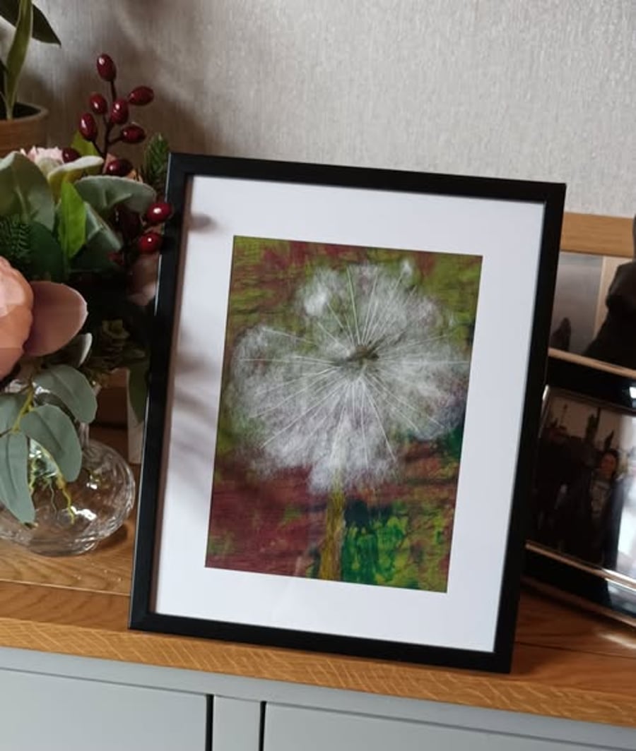 Dandelion clock needle felted and hand embroidered  framed picture - hand dyed