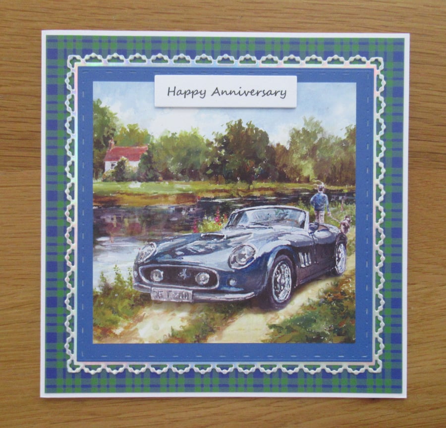 Sports Car in the Countryside - Anniversary Card - Blue