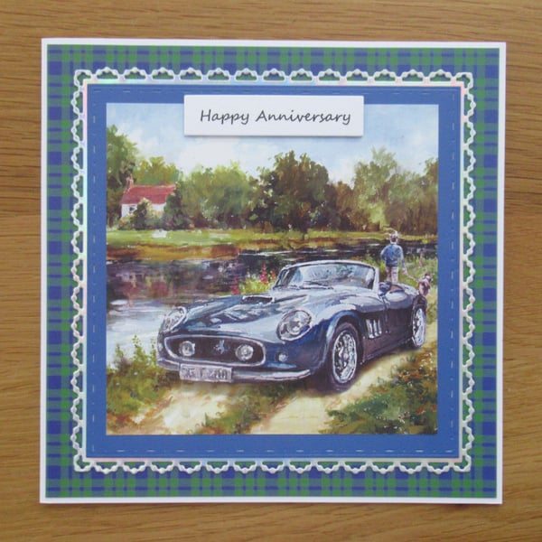 Sports Car in the Countryside - Anniversary Card - Blue