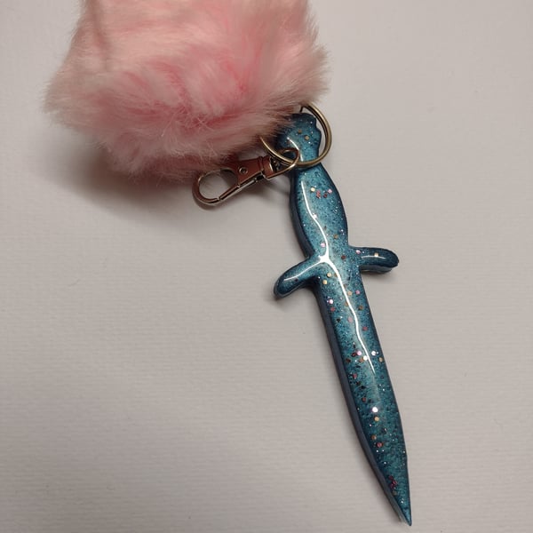 Blue Mini Athame with Pink Glitter Keychain With Pink PomPom