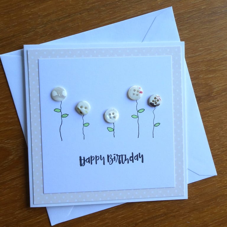 Birthday Card - Button Flowers - Cream