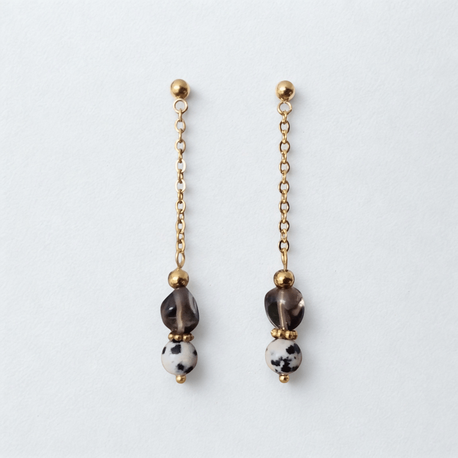 Earrings Quartz Jasper Bead Stone Drop Gold Stainless Steel Hypoallergenic