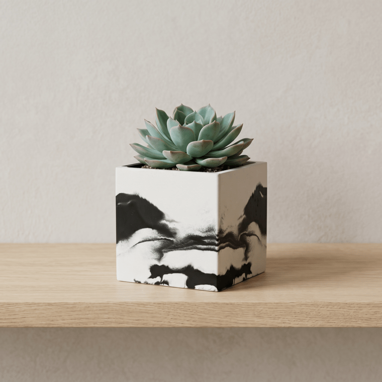 Black and White 10 cm Square Plant Pot - Marbled Indoor Planter