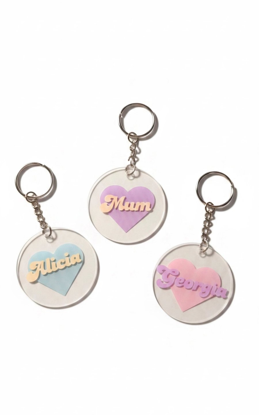 Custom named keyrings with heart background