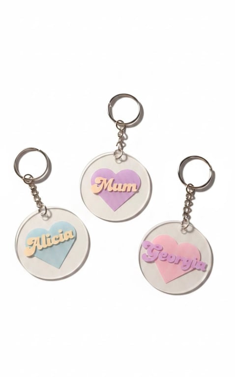 Custom named keyrings with heart background