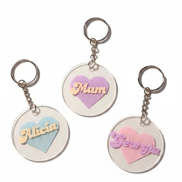 Custom named keyrings with heart background