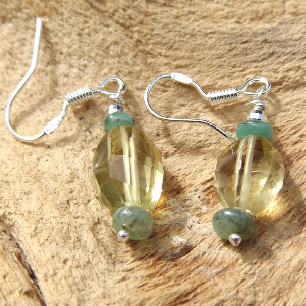 Lemon Quartz and Emerald sterling silver earrings