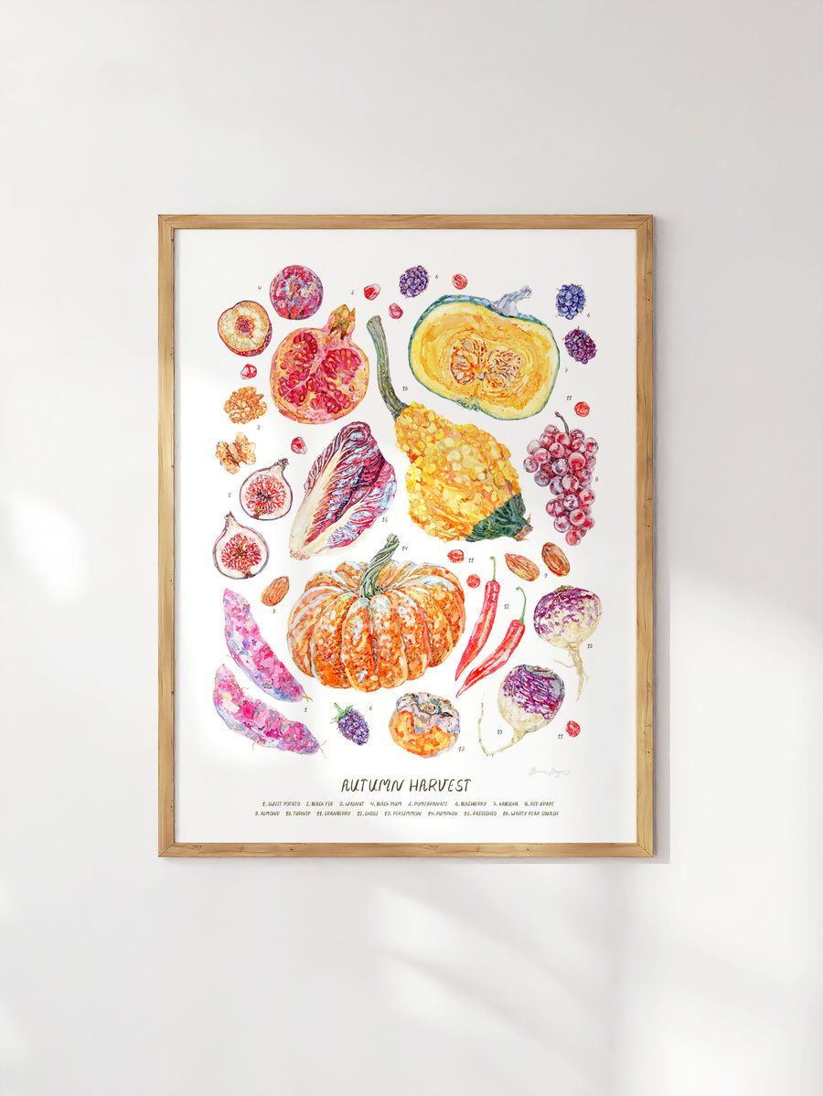Watercolour Autumn Harvest Art Print - Illustrated food art printed sustainably