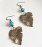 Bohemian brass leaf earrings with aqua blue Czech glass beads - Image 4