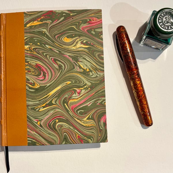 HANDMADE QUARTERBOUND LEATHER MARBLED JOURNAL