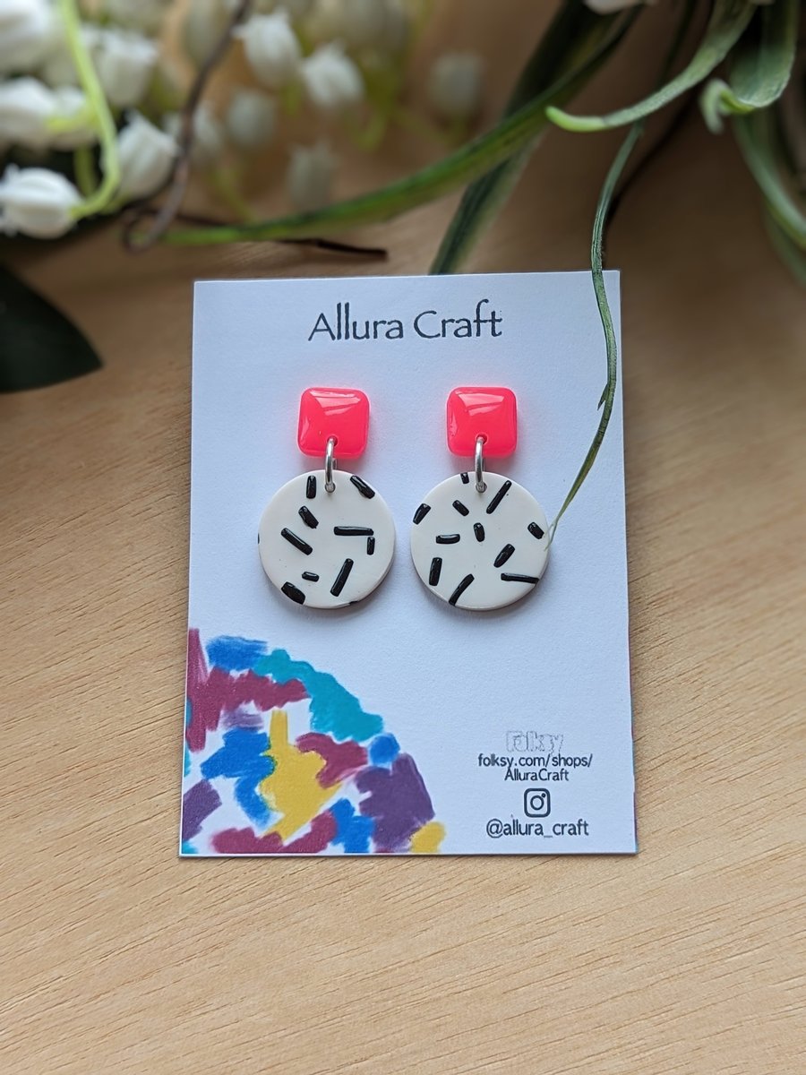 Neon Pink and Line Fleck Earrings 