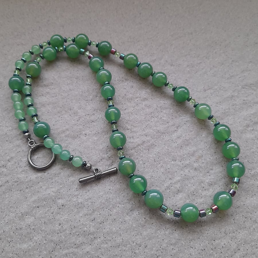 Green Agate  Aventurine Haematite and Crystal Beaded Necklace 