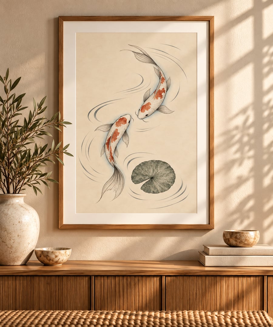 Japandi Koi Fish Wall Art - Minimalist Zen Print (Physical Print)