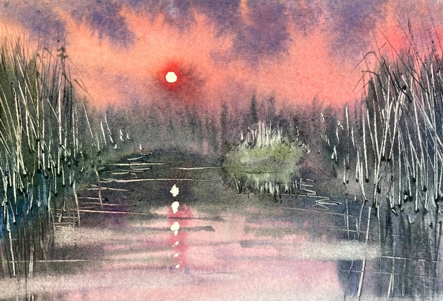 Blood red sunset (Pure Original Watercolour FULLY MOUNTED 8” x 6”)