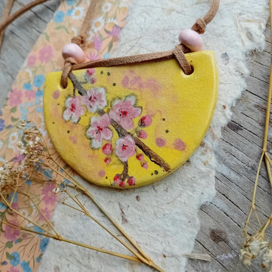 Cherry blossom necklace pendant rustic porcelain clay yellow pink crackle