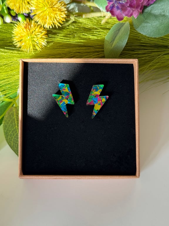 Lightning Bolt Earrings- Green Festival Rainbow Confetti Acrylic 