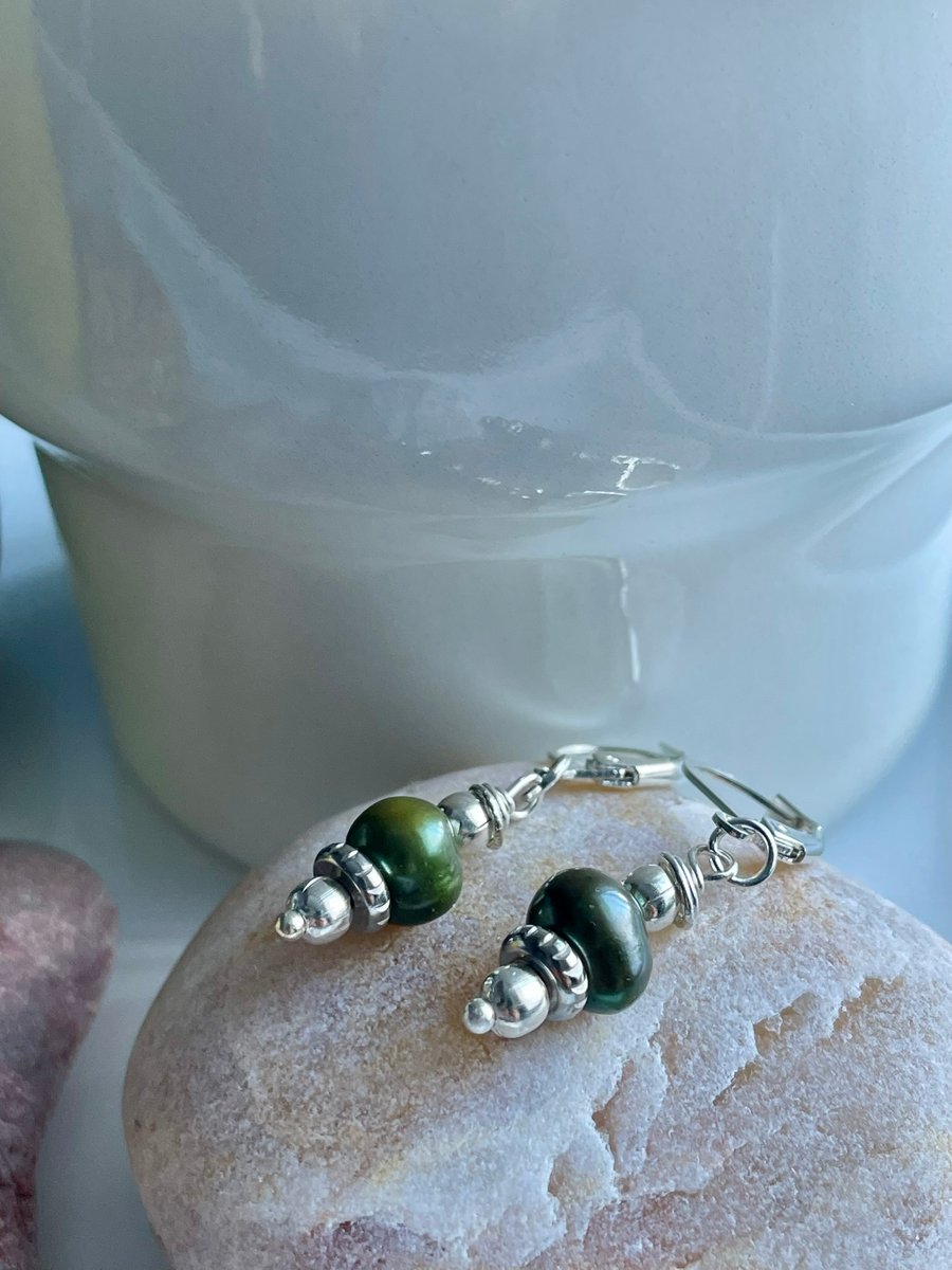 Green Freshwater Baroque Pearl and Stainless Steel Drop Earrings