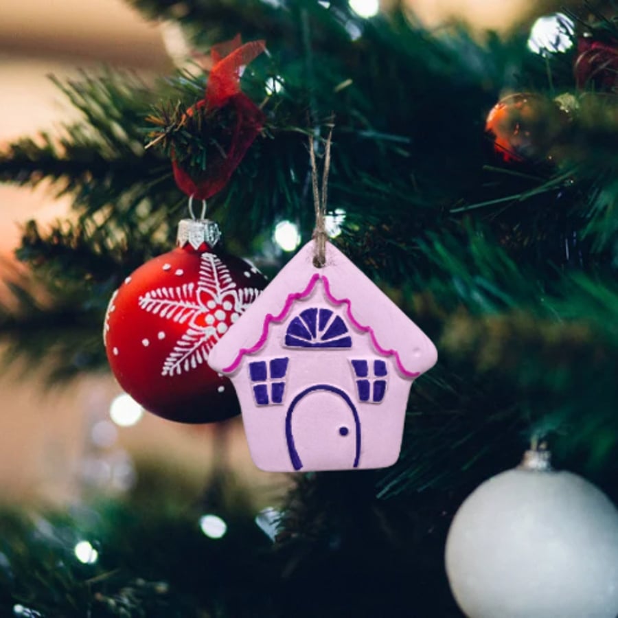 Ceramic Pink Christmas Tree Decoration . Pink and purple cute ceramic house 