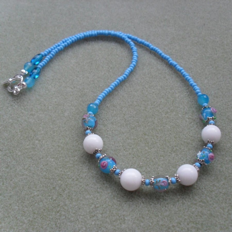 Blue and White Glass Beads and Gemstone Neclklace