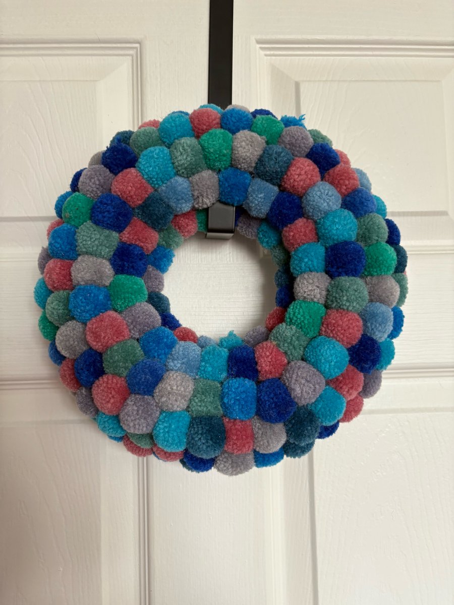 Blue hues wool Pom Pom wreath. 