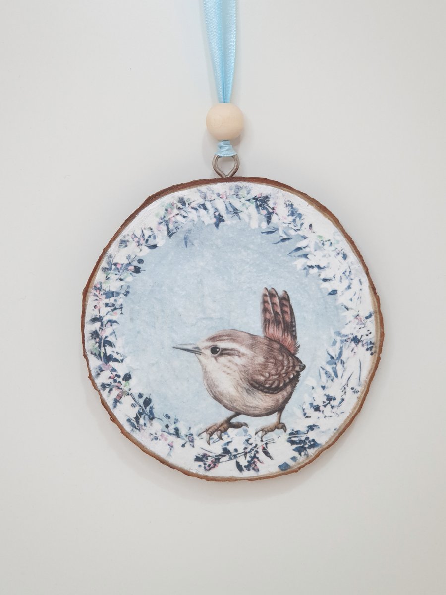 Wren wooden slice hanging decoration, gift for a bird lover 