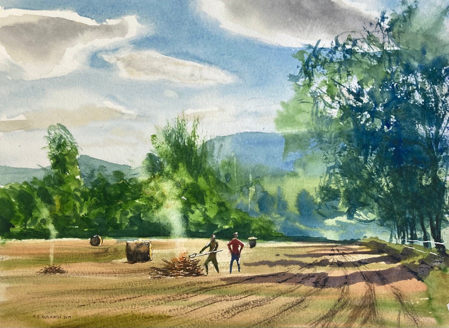 Easby fields burning day (Pure Original Watercolour)
