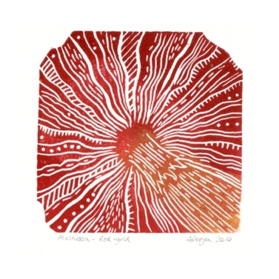 Original lino cut print "Mushroom - red-gold"
