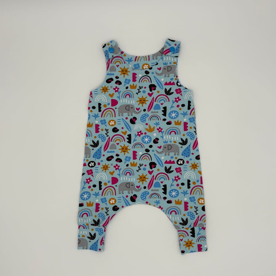 Elephant rainbows blue handmade dungarees (Various sizes) Baby romper