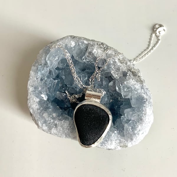 Sterling Silver Black Sea Glass Pendant Necklace 