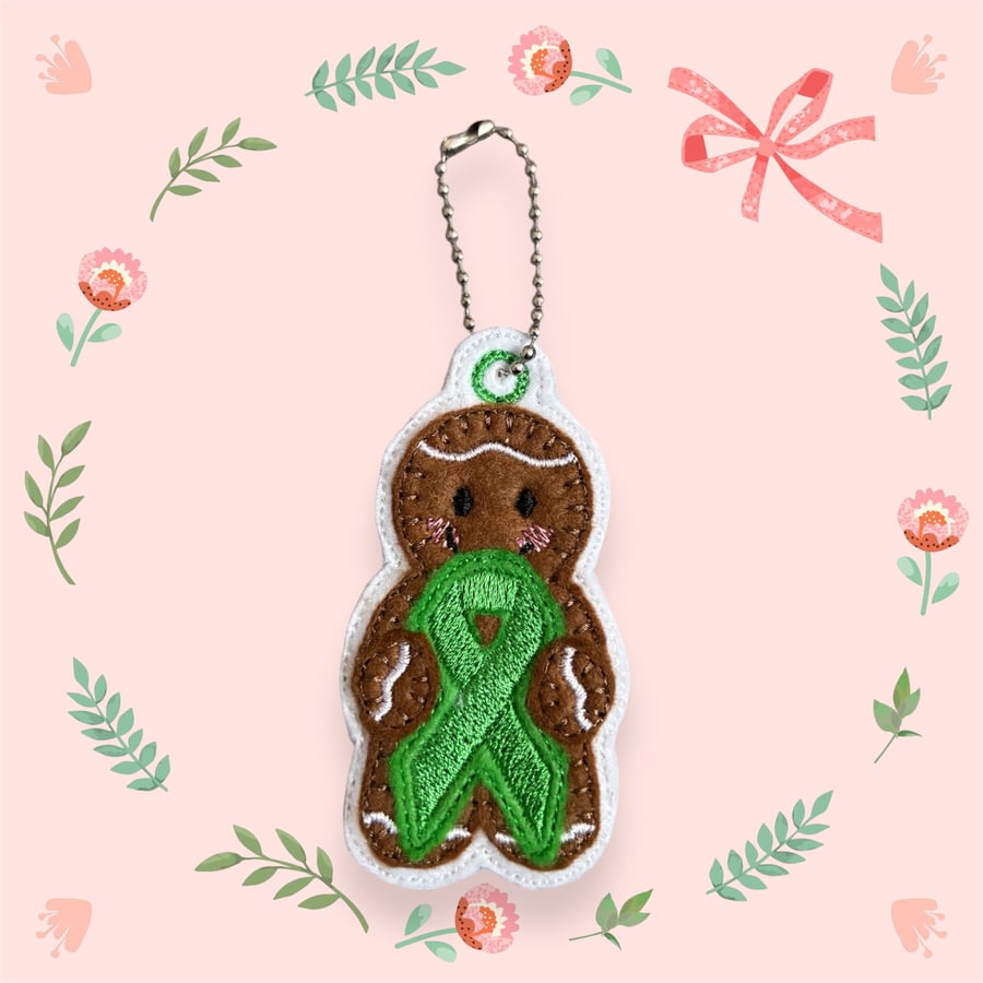 Mental health awareness ribbon Gingerbread person Embroidered keyring