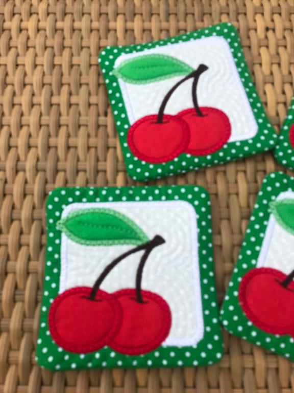 Quilted Coaster In a Cherry Design With Teabag Pocket on the Back 