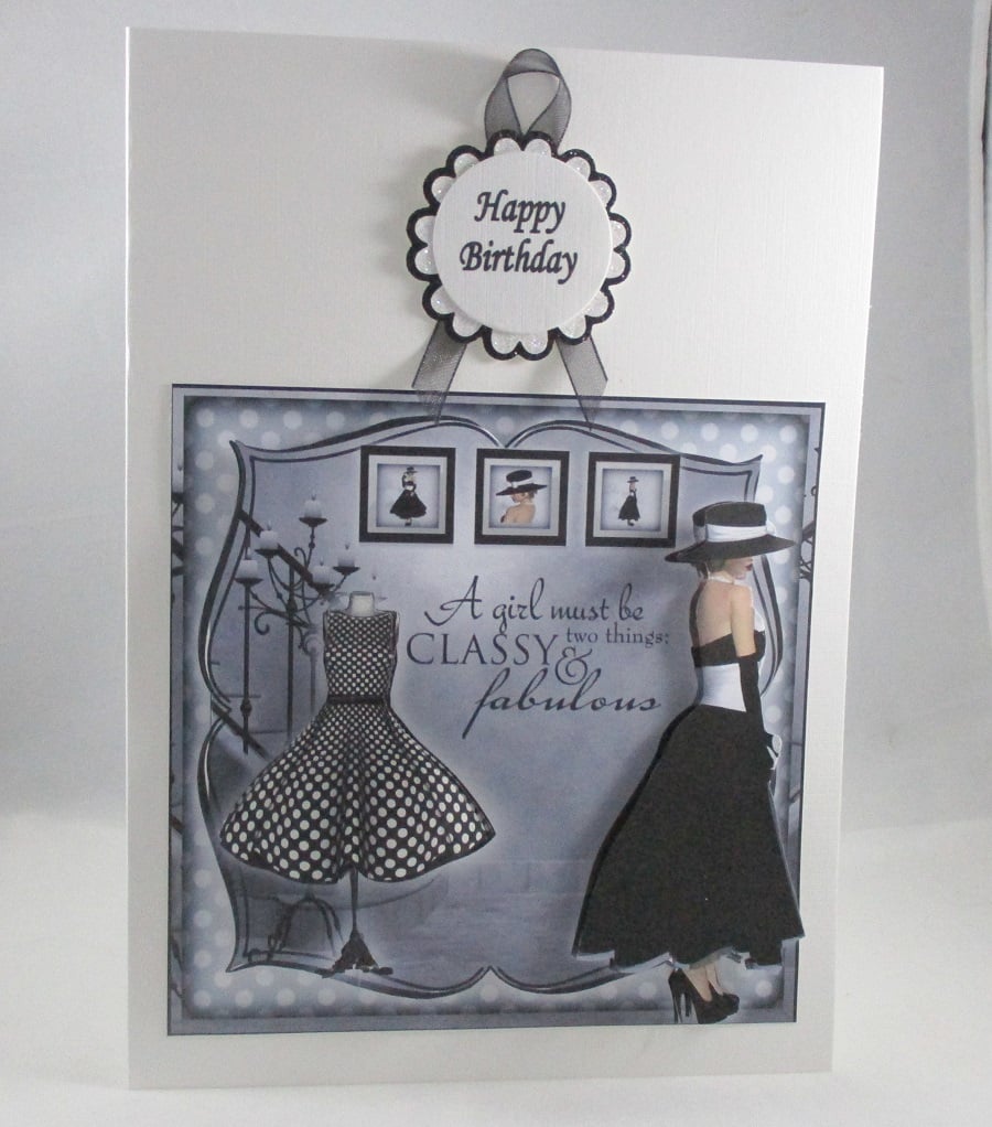 Handmade Decoupage,3D Elegant female birthday card, black and white