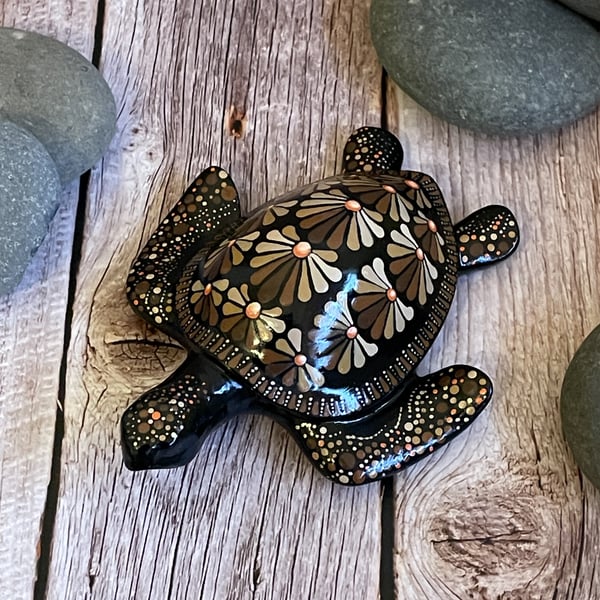 Brown Turtle Mandala Rock Art Stone Acrylic Art Painting Hand Painted Unique