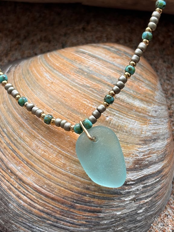 Delicate Seaglass necklace in coastal colours Ref R19