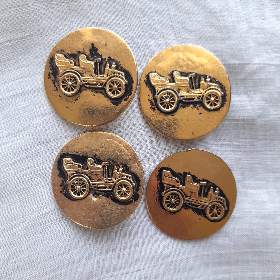 Set of 4 old gold metal 32mm buttons, with vintage car design and back shank